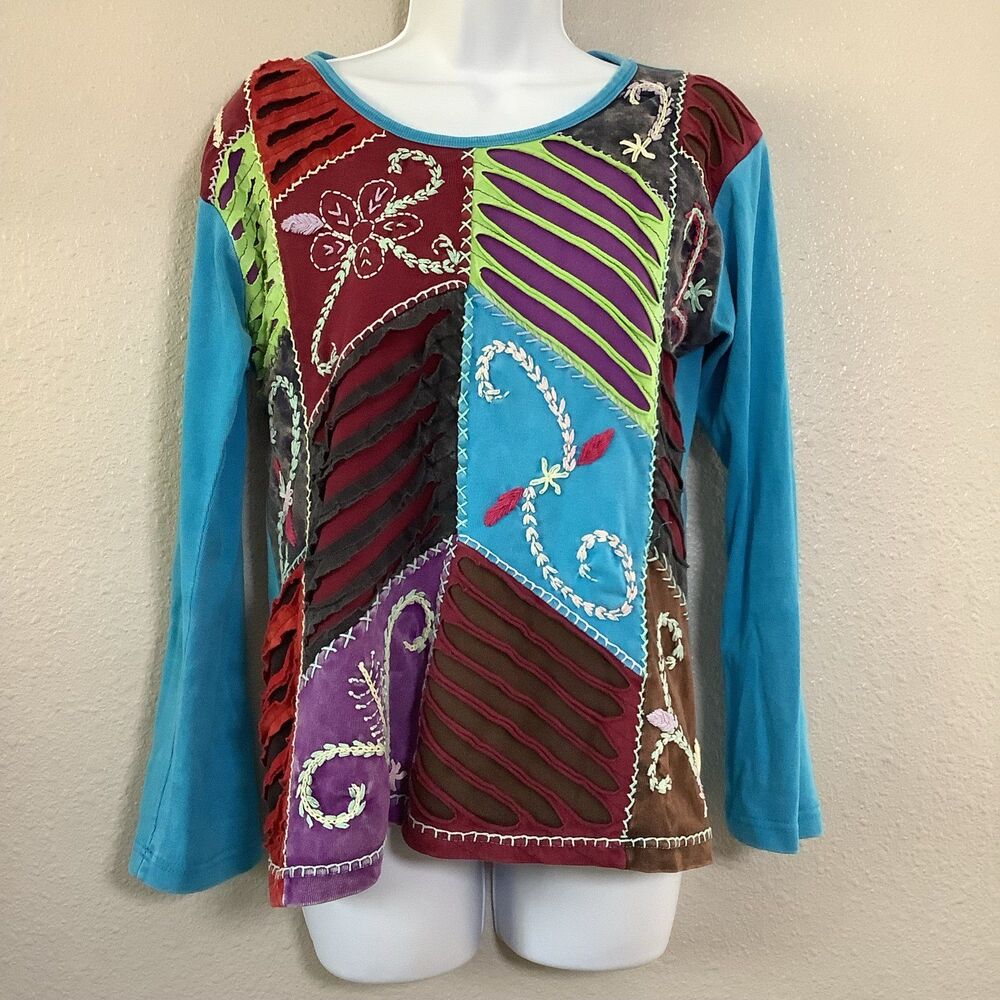 Vintage Colorful Unique Bohemian Hippie Festival Patchwork Artsy Y2K Top M Boho
